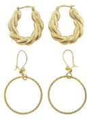 Two pairs of 9ct gold hoop earrings