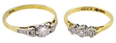 Gold diamond ring with diamond set shoulders and one other three stone diamond ring