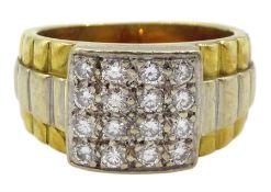 18ct gold signet ring with four rows of pave set round brilliant cut diamonds and two tone gold step