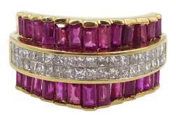 14ct gold four row calibre ruby and princess cut diamond ring