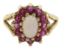 9ct gold oval opal and ruby cluster ring