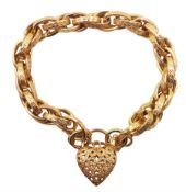 9ct gold engraved fancy link bracelet with pierced heart clasp