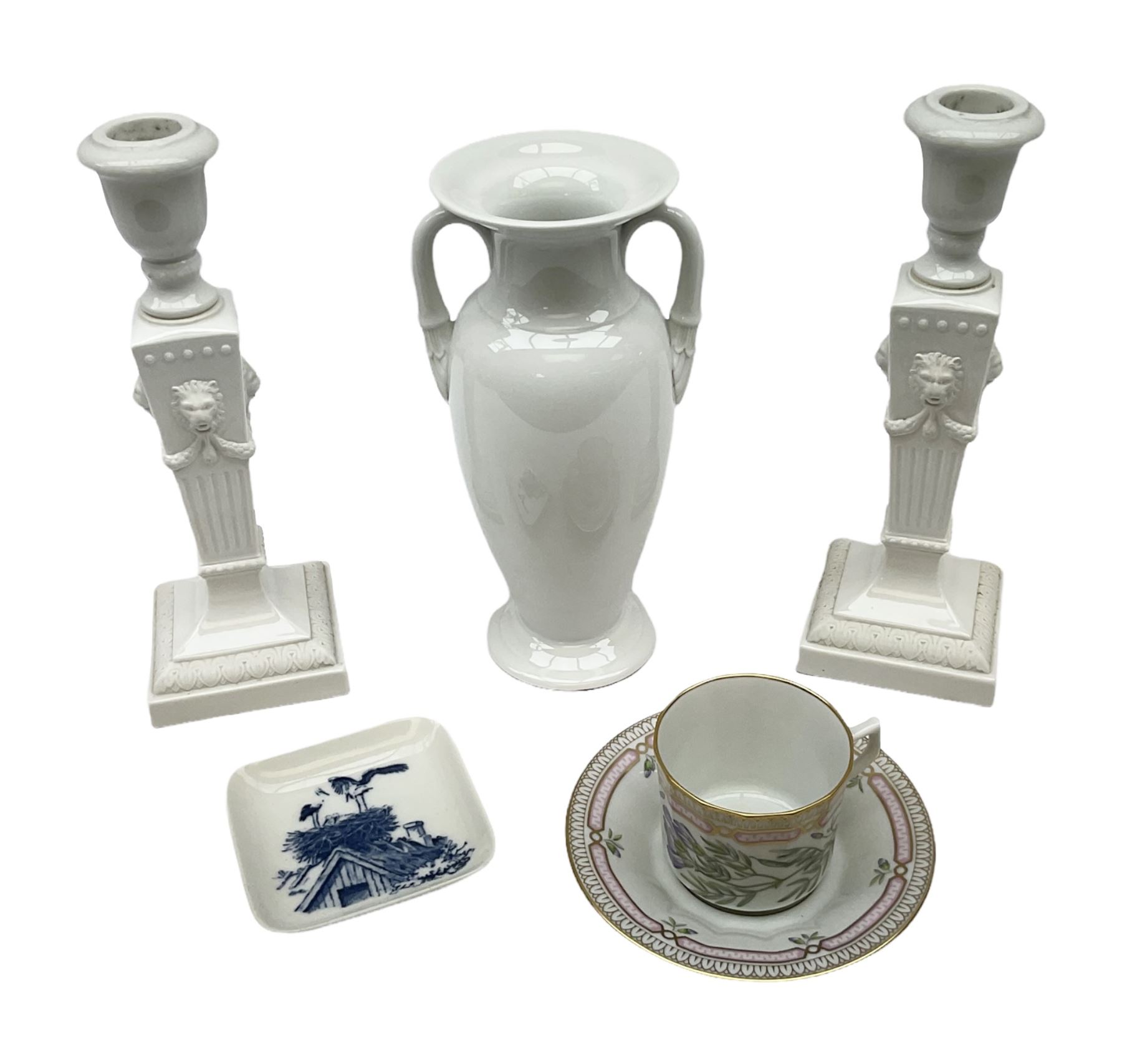 Group of Royal Copenhagen ceramics comprising pair of late 20th century fluted candlesticks of Neocl