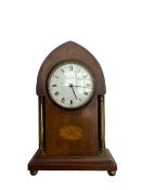 Mahogany “lancet” shaped Edwardian bedside clock c1900 with contrasting stringing and a fan inlay