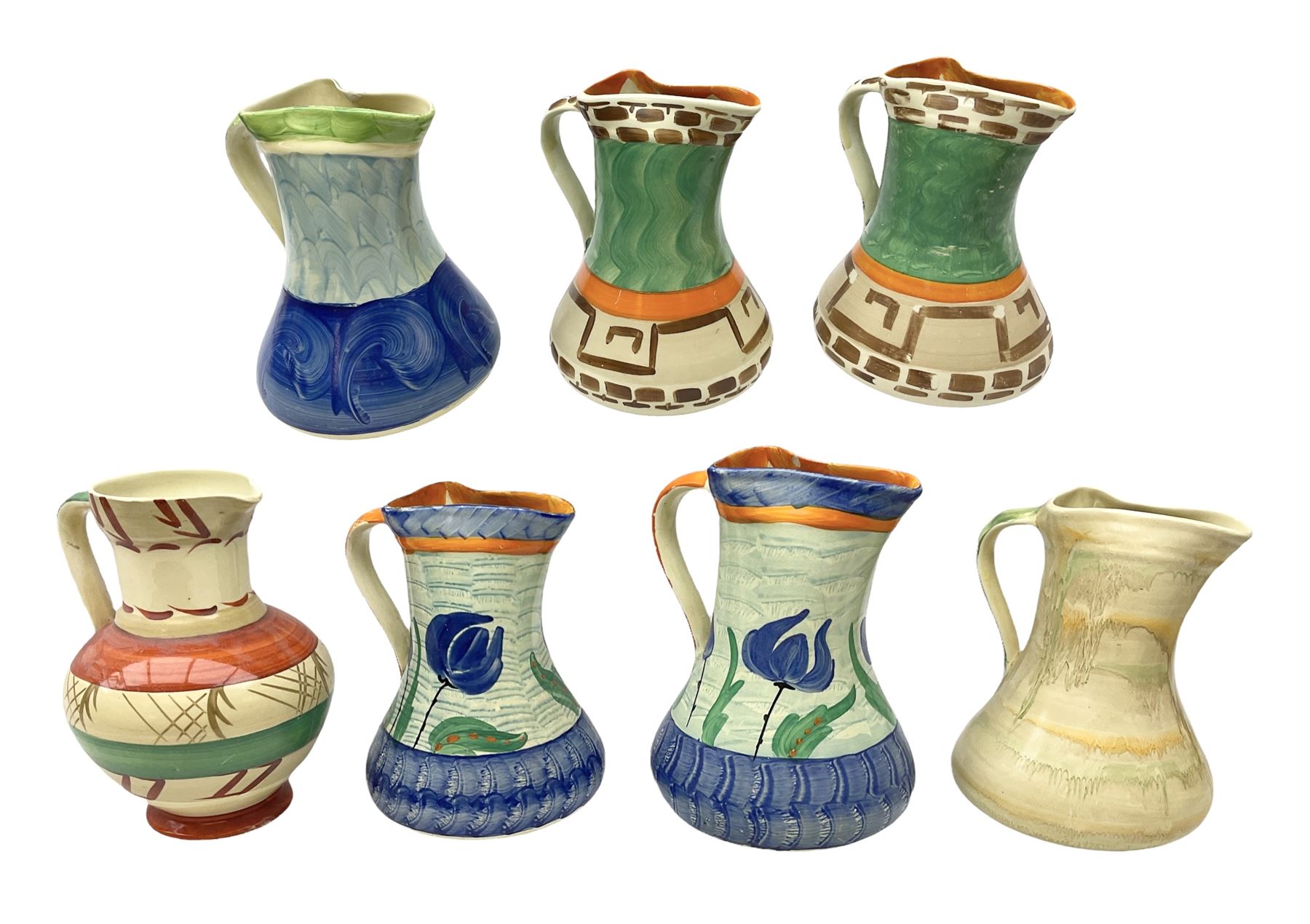 Seven Myott Son & Co hand painted jugs