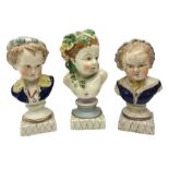 19th century pair of hand painted ceramic busts of children