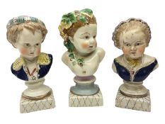 19th century pair of hand painted ceramic busts of children