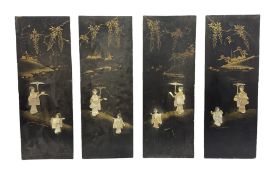 Set of four Oriental lacquered panels decorated with mother of pearl inlay and gilding of figures
