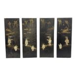 Set of four Oriental lacquered panels decorated with mother of pearl inlay and gilding of figures