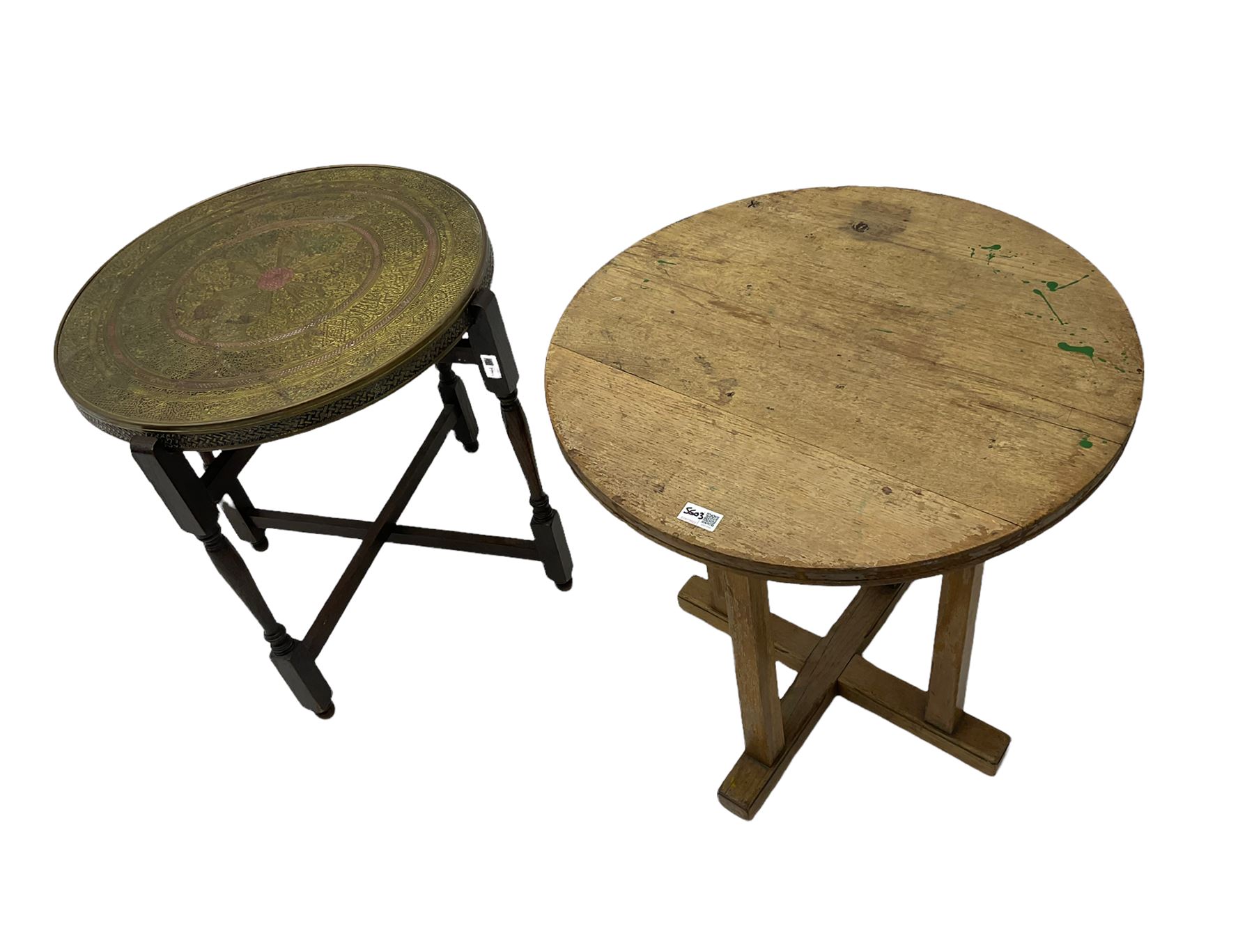 Eastern Benares copper top table and an oak GRVI oak circular table - Image 3 of 3