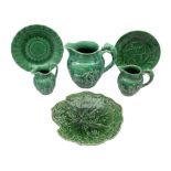 Three Wedgwood Of Etruria majolica jugs together with three majolica dishes