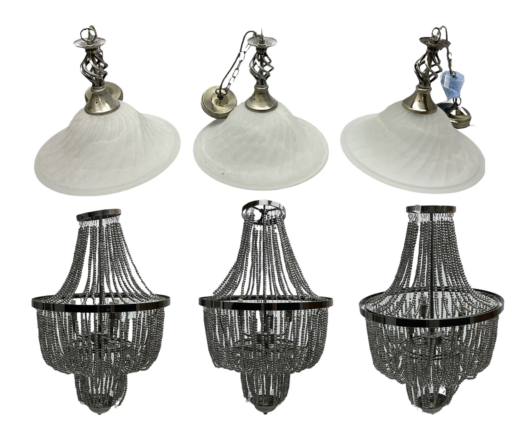 Three contemporary metal beaded chandeliers retailed by Next