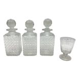 Set of three 19th century hobnail cut glass decanters with stoppers