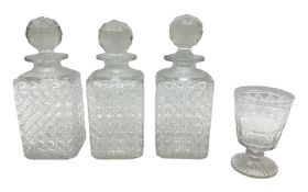 Set of three 19th century hobnail cut glass decanters with stoppers