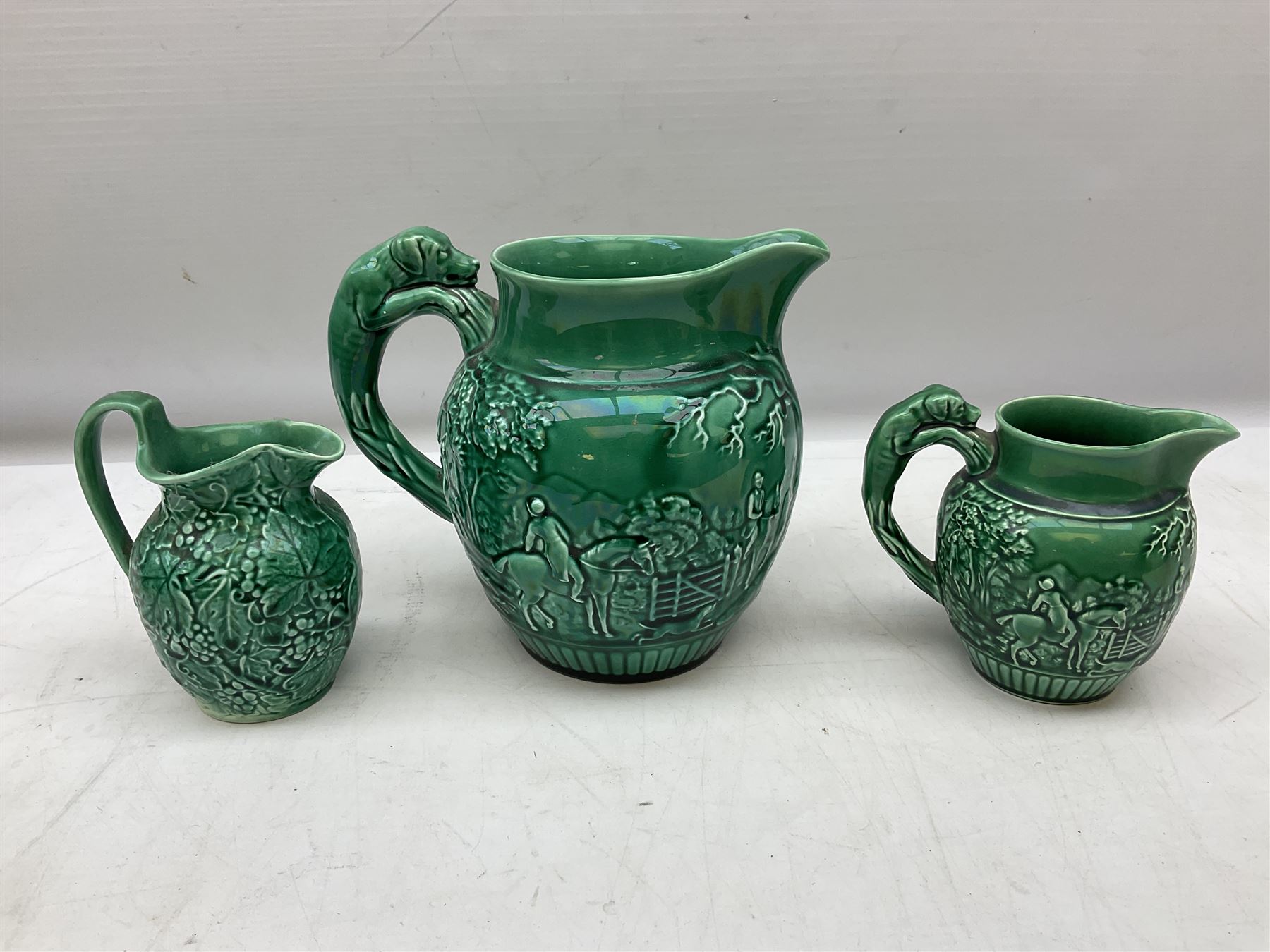 Three Wedgwood Of Etruria majolica jugs together with three majolica dishes - Image 5 of 7