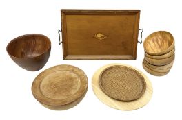 Wooden gallery tray with brass handles and shell decoration to the centre