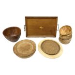 Wooden gallery tray with brass handles and shell decoration to the centre