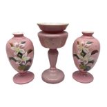 Pair of Victorian pink opaque glass vases of baluster form
