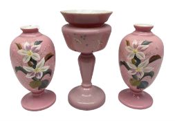 Pair of Victorian pink opaque glass vases of baluster form