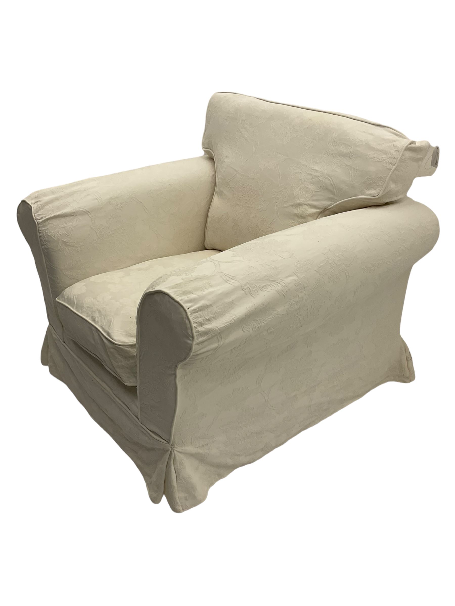 Traditional shaped armchair upholstered in white patterned loose cover - Image 3 of 3