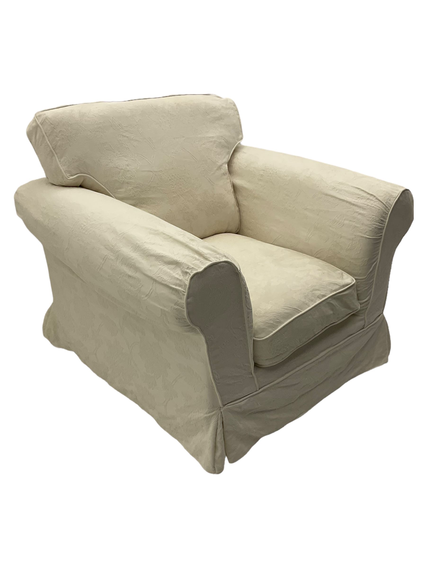 Traditional shaped armchair upholstered in white patterned loose cover - Image 2 of 3