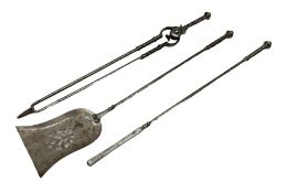 Set of three steel fire tools including tongs