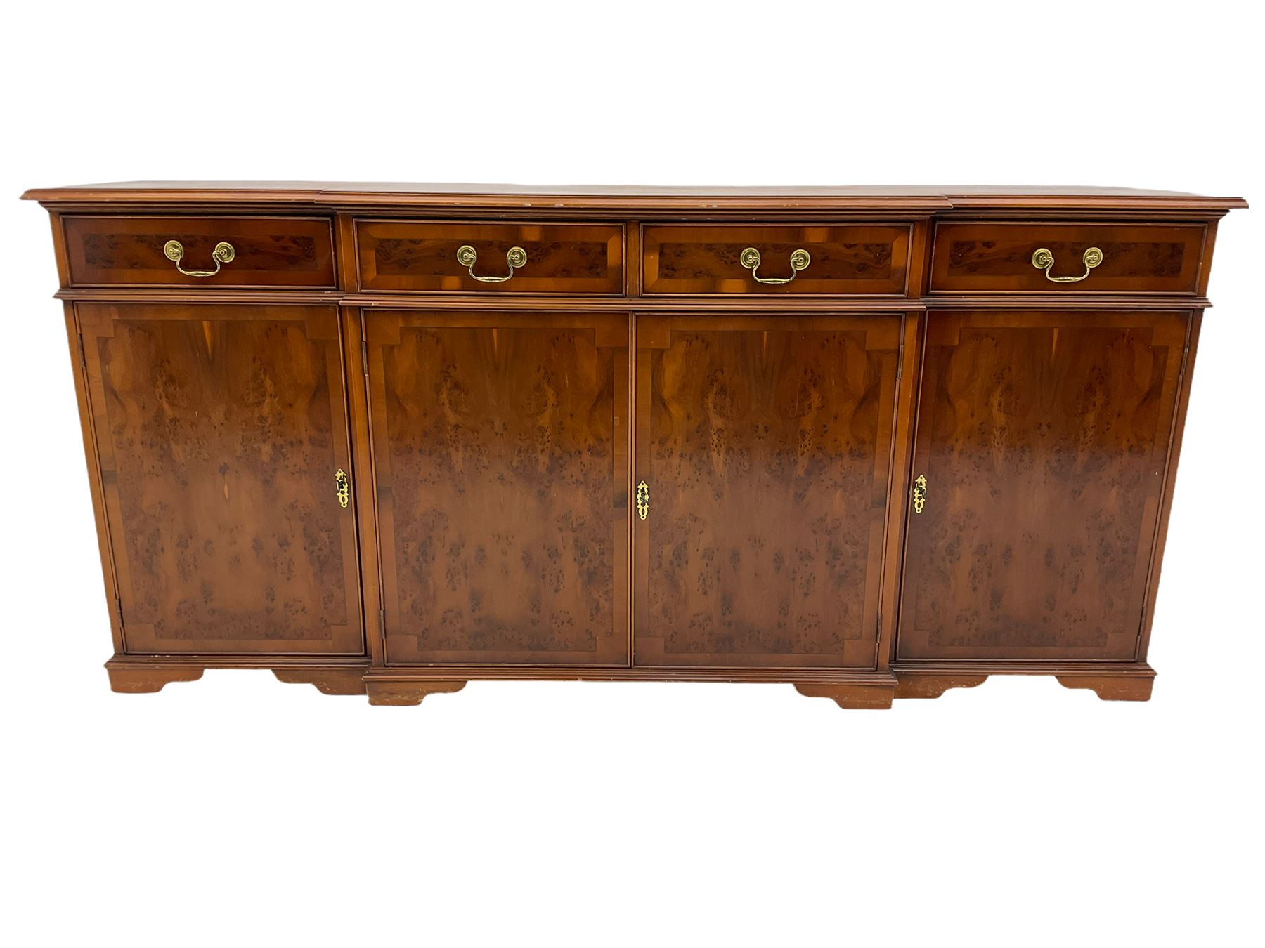 Reproduction yew wood breakfront side cabinet