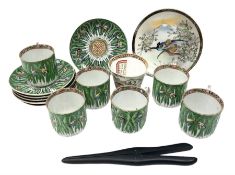 Set of six Chinese coffee cups decorated with colourful green leaves and butterflies