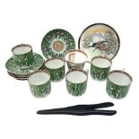 Set of six Chinese coffee cups decorated with colourful green leaves and butterflies