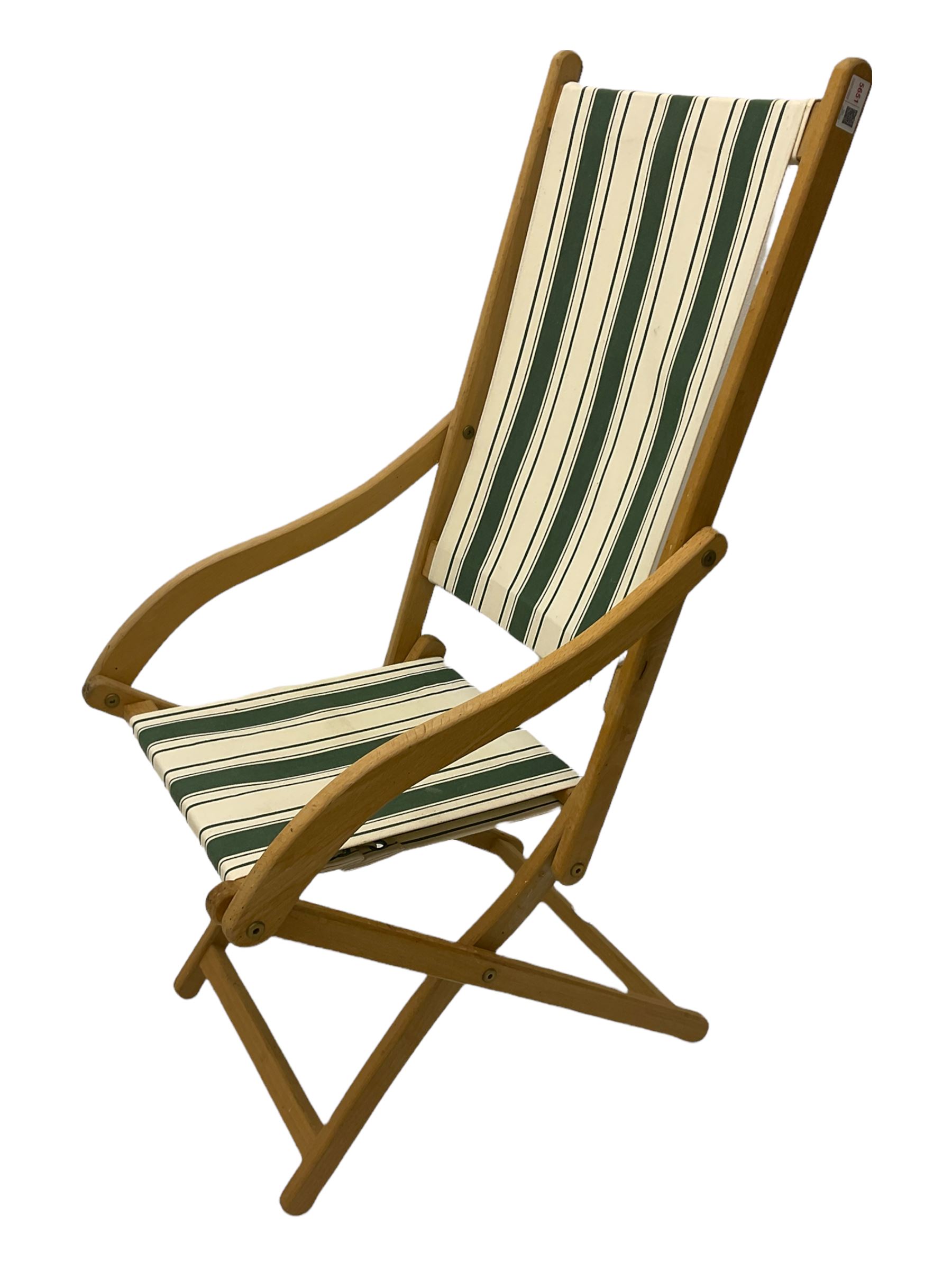 Two folding beech framed garden chairs with slung striped covers and a folding pine clothes horse - Image 2 of 2