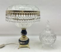 Large cut glass dish with cover together with a table lamp with cut glass shade
