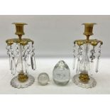 Pair of candlesticks with brass mounts and faceted drops