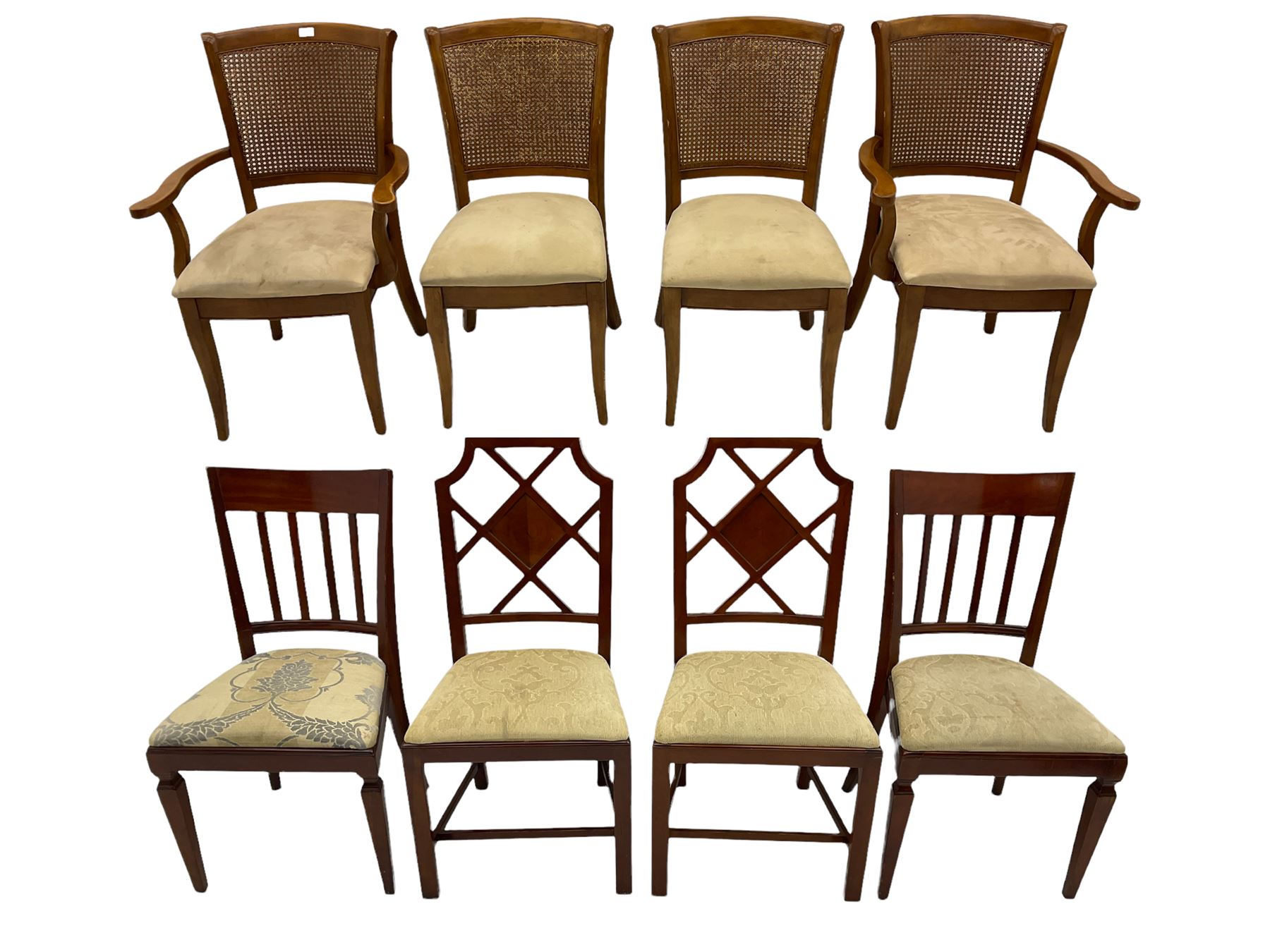 Eight various walnut dining chairs