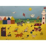 English Naive School (20th century): Jolly Beach Scene