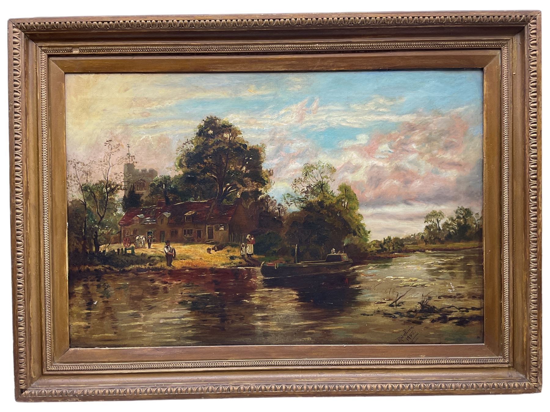 M Perrin (British 19th/20th century): Cottage and Church by River with Barge - Image 2 of 2