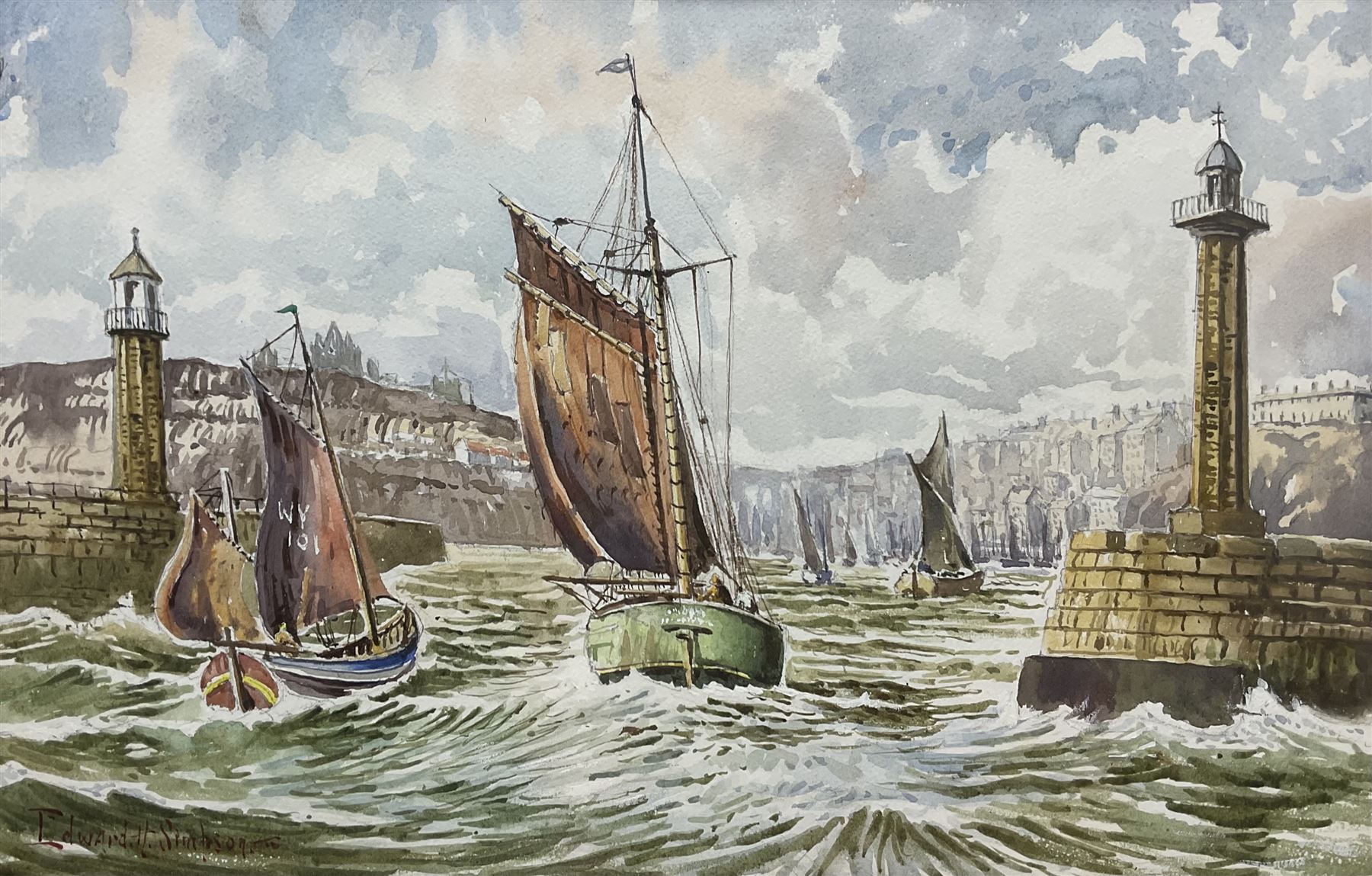 Edward H Simpson (British 1901-1989): Scarborough South Bay and Whitby Harbour - Image 3 of 4