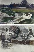 Fyffe Christie (British 1918-1979): Snowy Garden and Industrial City Suburb Landscape