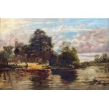 M Perrin (British 19th/20th century): Cottage and Church by River with Barge