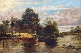 M Perrin (British 19th/20th century): Cottage and Church by River with Barge