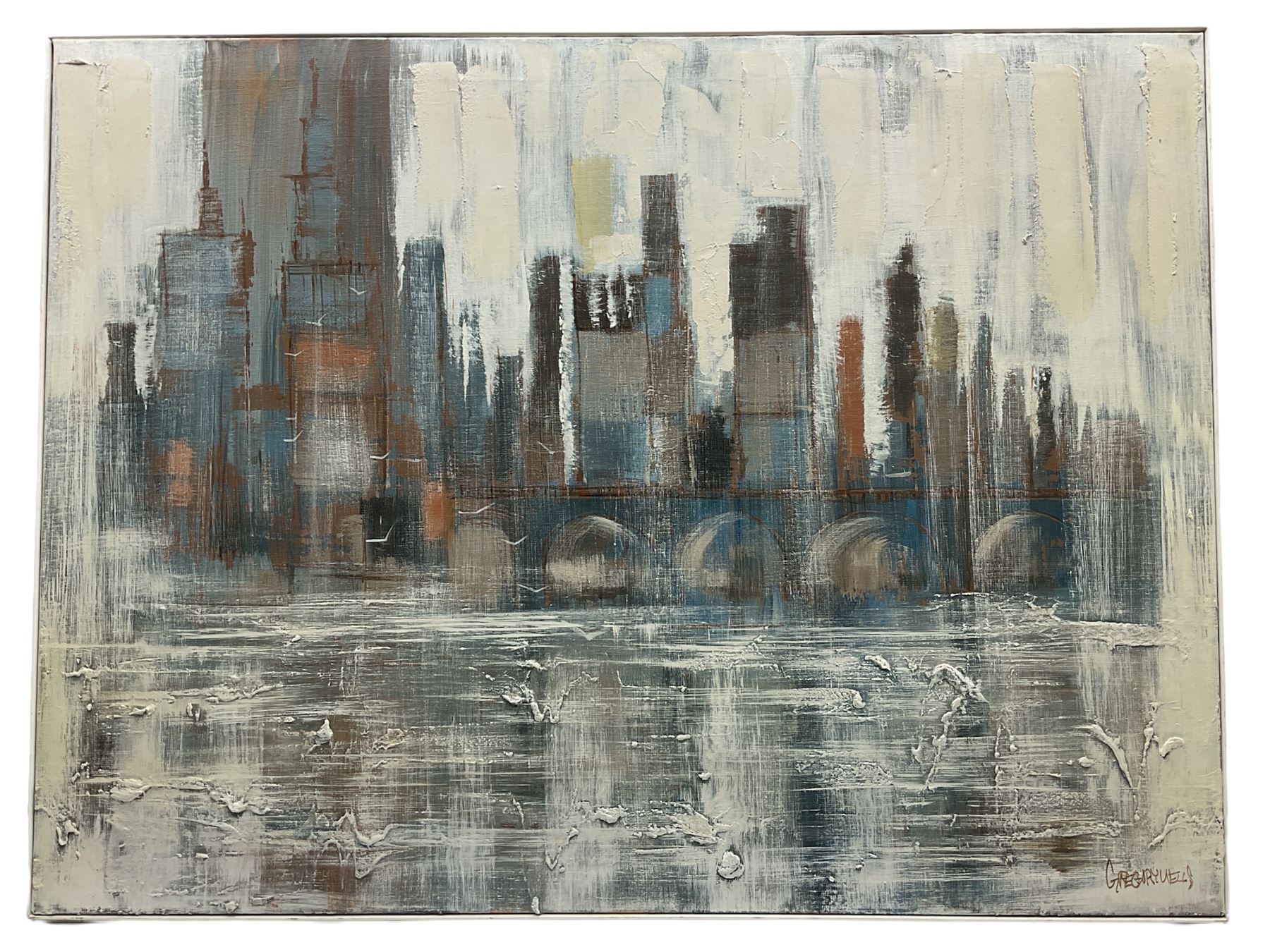 Gregory Wells (Canadian Contemporary):River and Bridge with High Rise City Skyline - Image 2 of 3