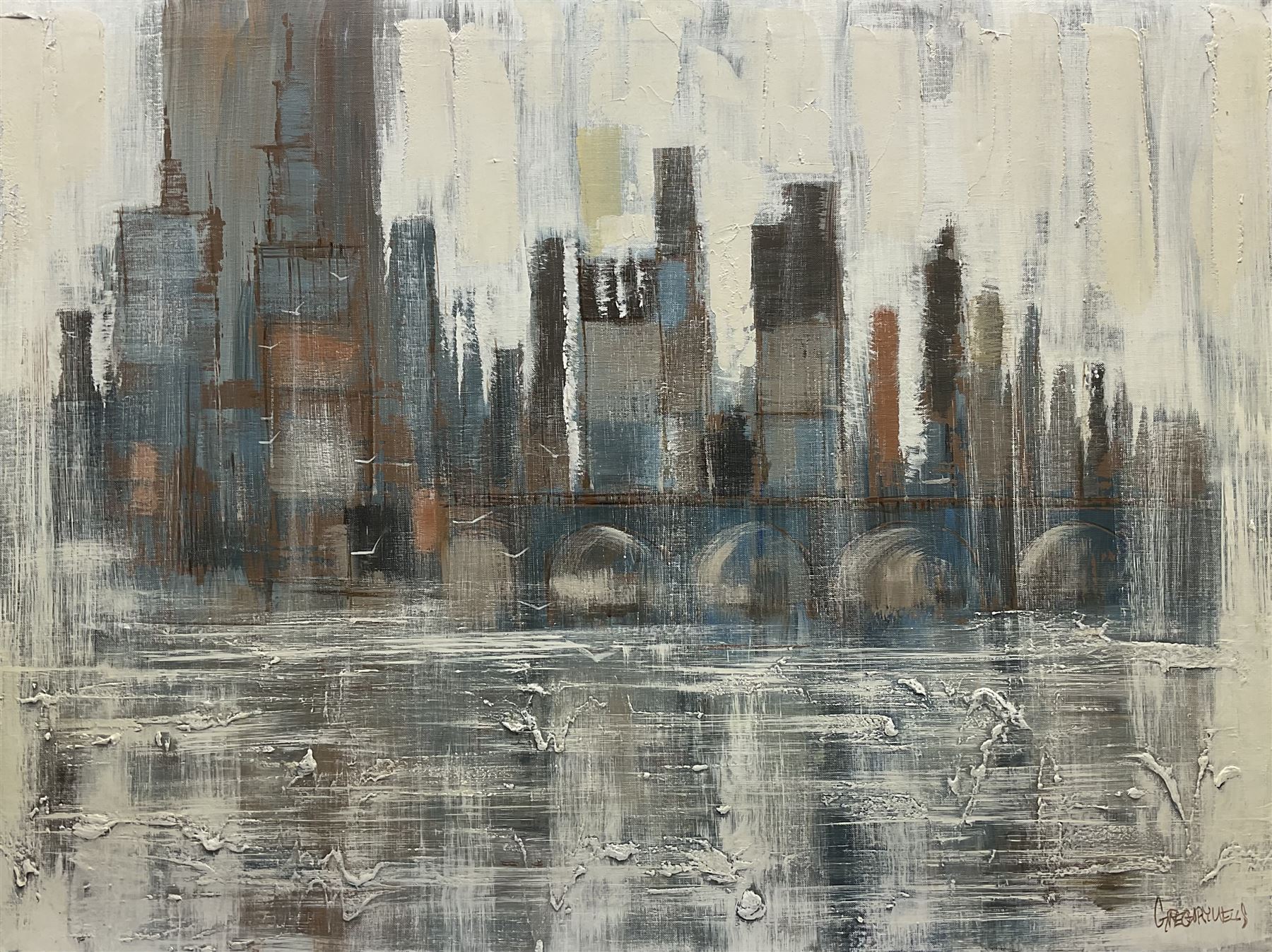 Gregory Wells (Canadian Contemporary):River and Bridge with High Rise City Skyline
