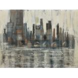 Gregory Wells (Canadian Contemporary):River and Bridge with High Rise City Skyline