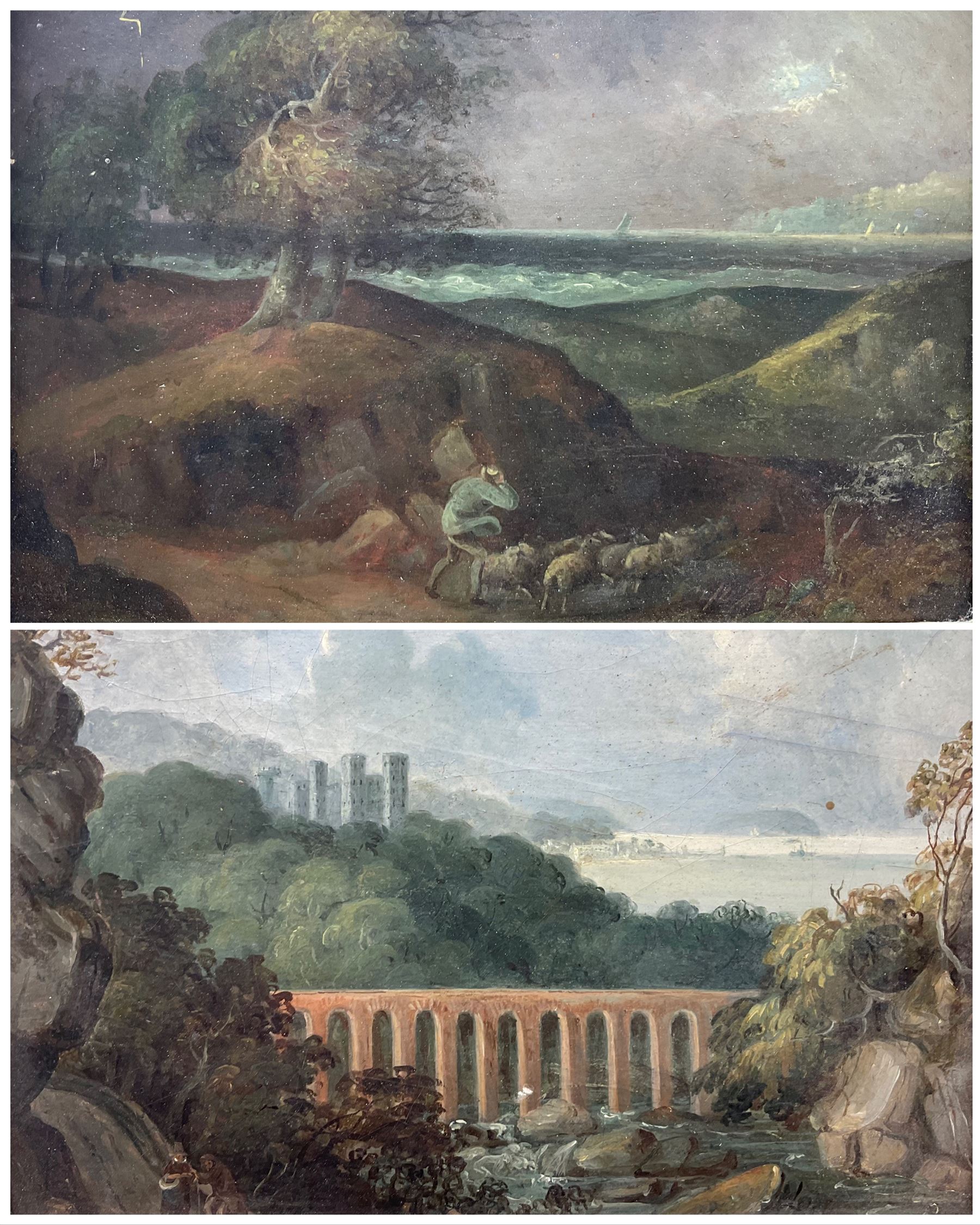 English School (19th century): Shepherd Herding Sheep on Stormy Night and Viaduct and Castle Landsca
