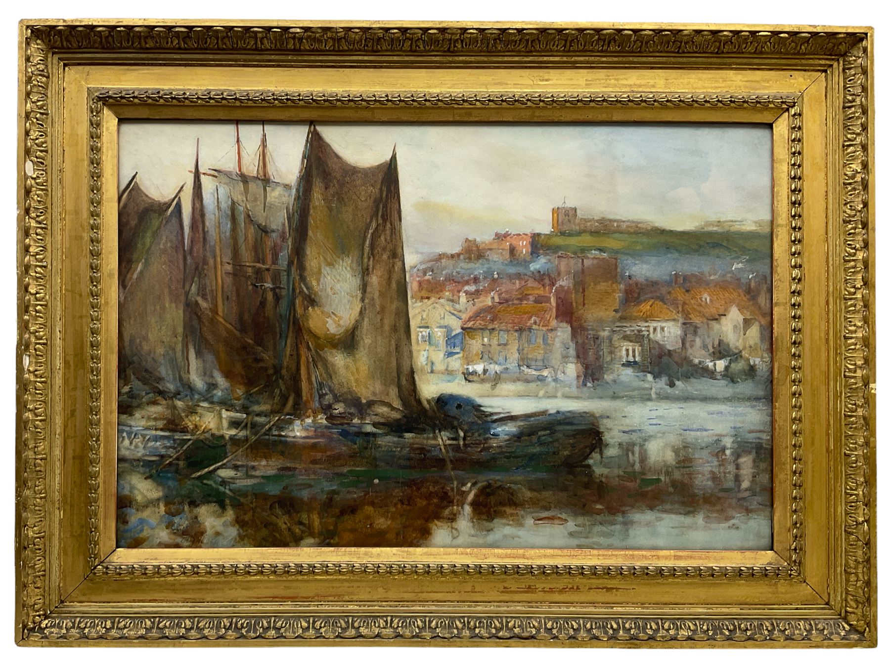 Alfred George Morgan (British 1848-1930): Whitby Harbour with view of Abbey - Image 2 of 4