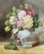 English School (19th/20th century): Still Life of Roses in a Vase with Butterfly