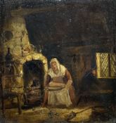 English Primitive School (19th century): Interior Scene with Woman by Hearth