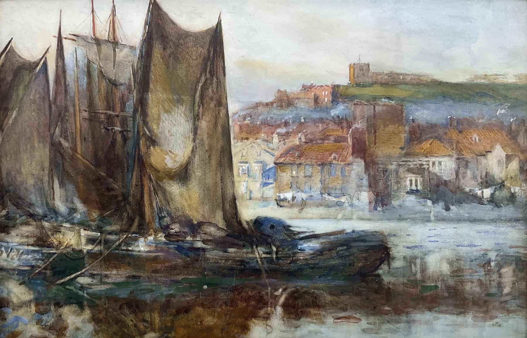 Alfred George Morgan (British 1848-1930): Whitby Harbour with view of Abbey