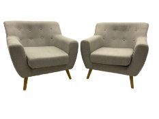 Pair of armchairs upholstered in light grey linen fabric