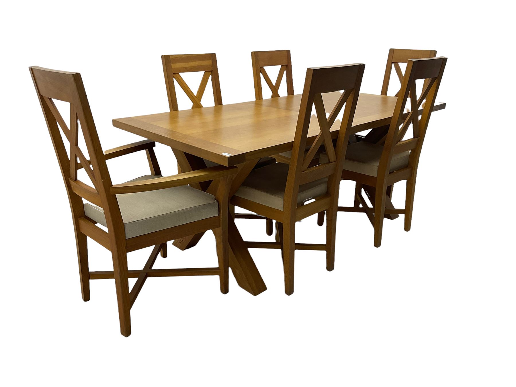 Solid oak dining table on x-framed supports - Image 3 of 11