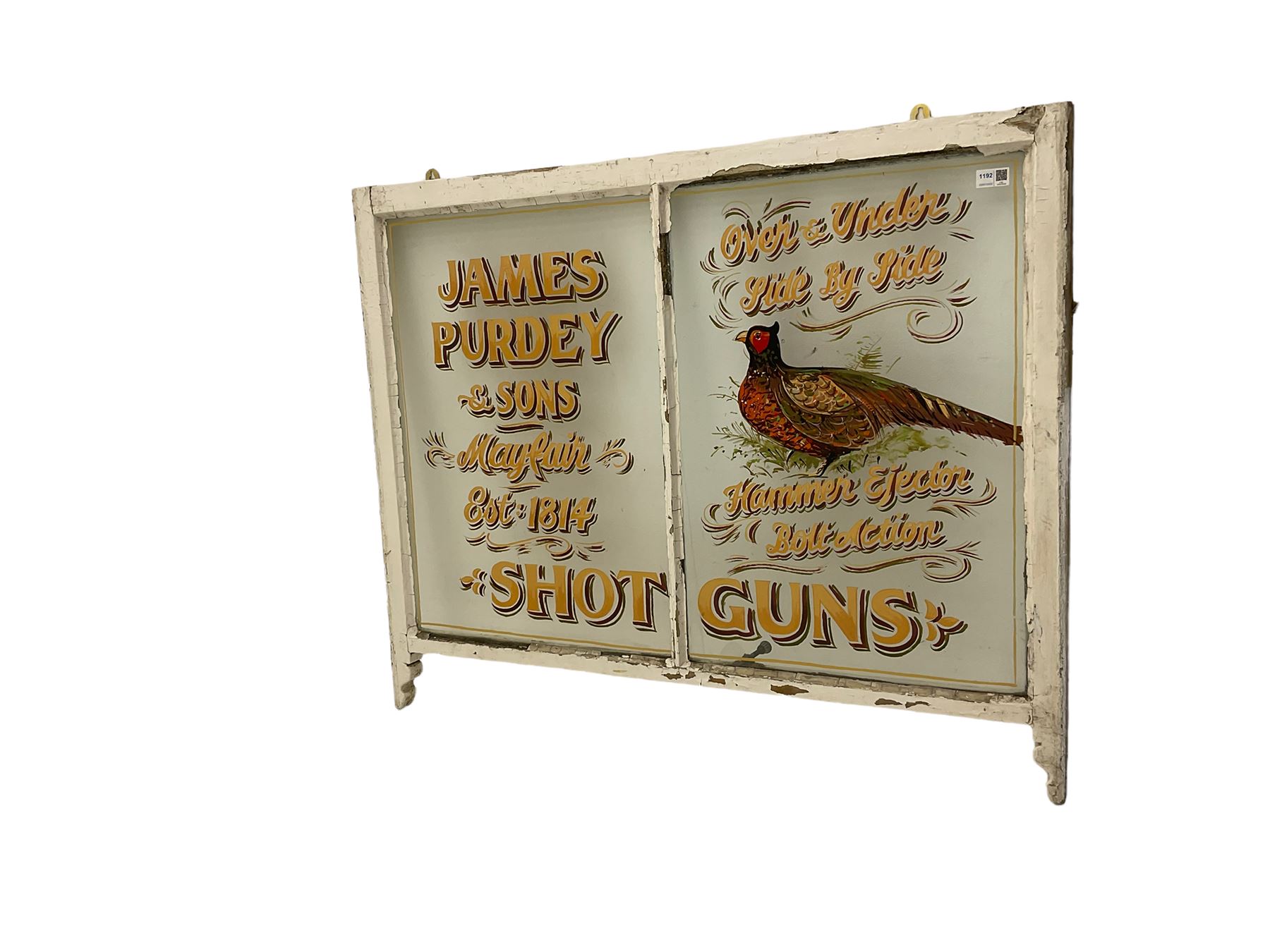 Late 19th century two pane sash window with later painted Purdy Shotguns advertising detail - Image 3 of 3